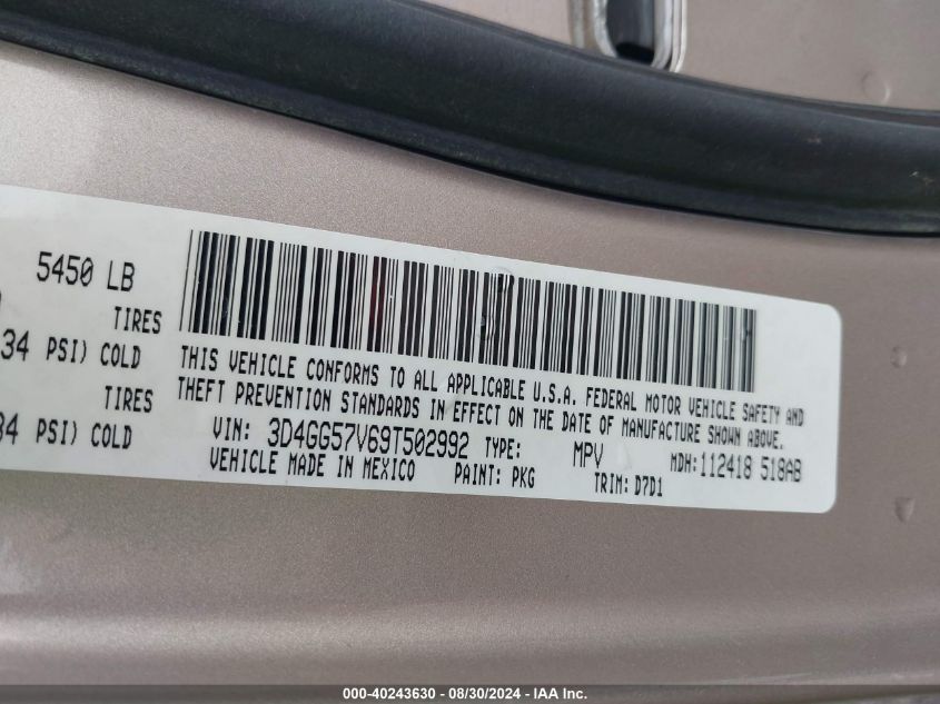 2009 Dodge Journey Sxt VIN: 3D4GG57V69T502992 Lot: 40243630