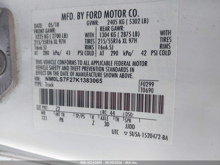 2019 Ford Transit Connect Xlt VIN: NM0LS7F27K1383065 Lot: 40243655