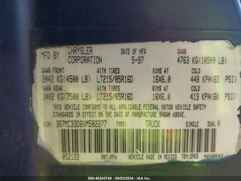 1997 Dodge Ram 3500 St VIN: 3B7MC33D6VM582277 Lot: 40243748