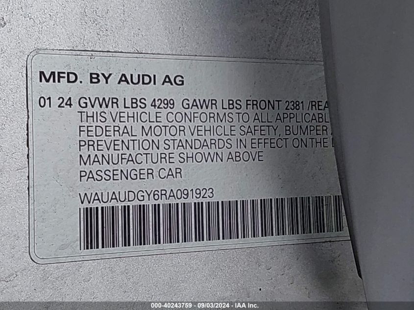 2024 Audi A3 Premium 40 Tfsi Front-Wheel Drive S Tronic VIN: WAUAUDGY6RA091923 Lot: 40243759