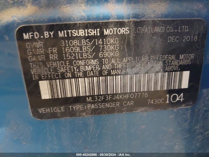 ML32F3FJ4KHF07776 2019 Mitsubishi Mirage G4 Es