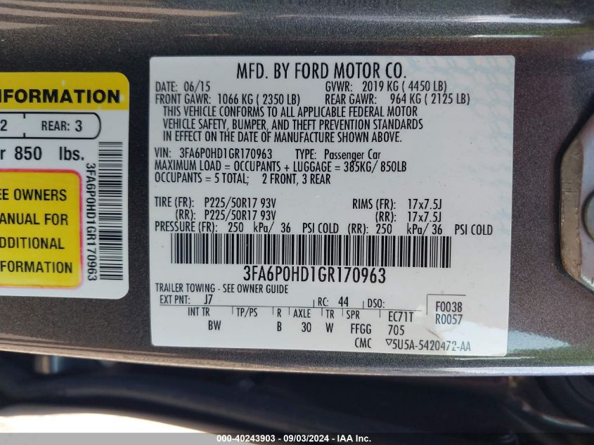 2016 FORD FUSION SE - 3FA6P0HD1GR170963