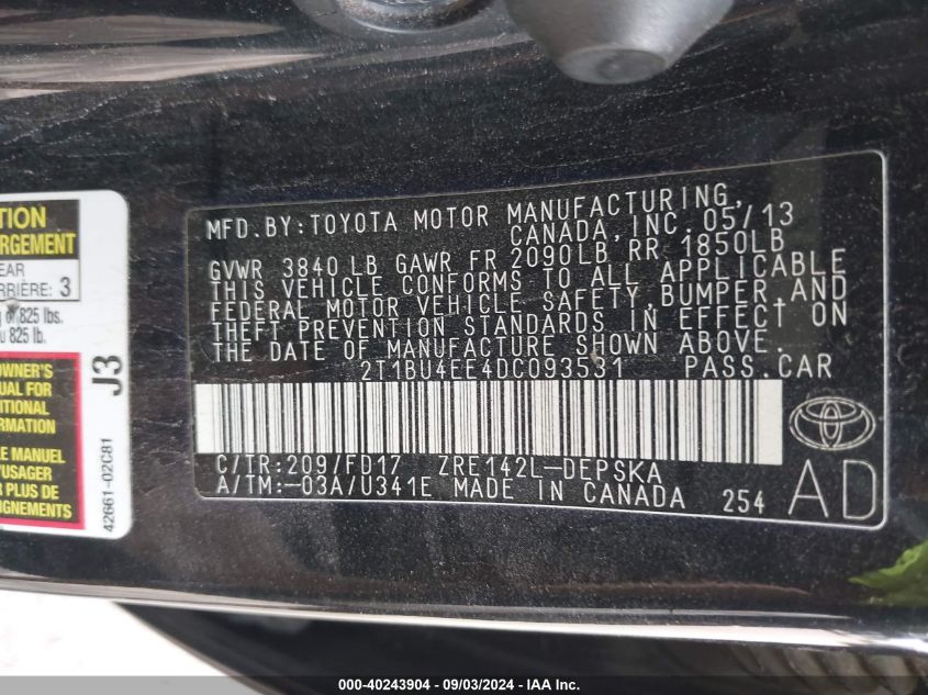 2013 Toyota Corolla S VIN: 2T1BU4EE4DC093531 Lot: 40243904