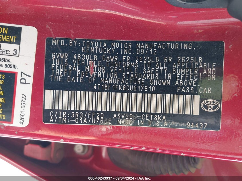2012 TOYOTA CAMRY VIN: 4T1BF1FK8CU617810