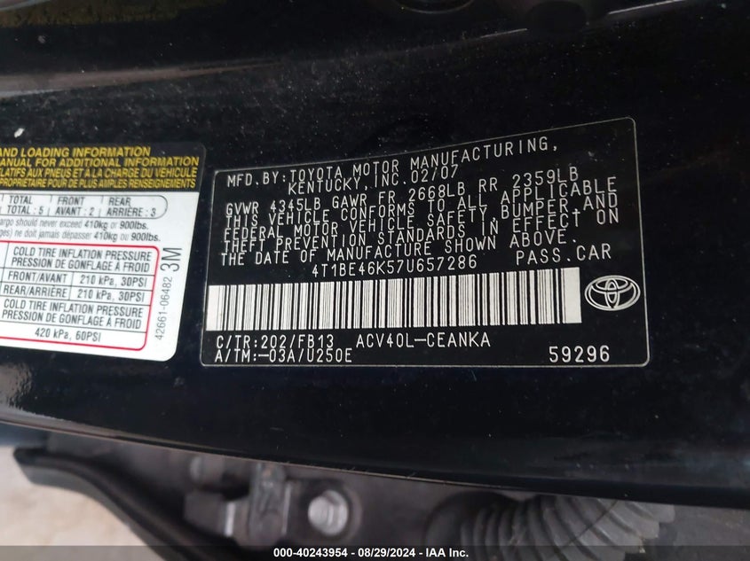 2007 Toyota Camry Le VIN: 4T1BE46K57U657286 Lot: 40243954