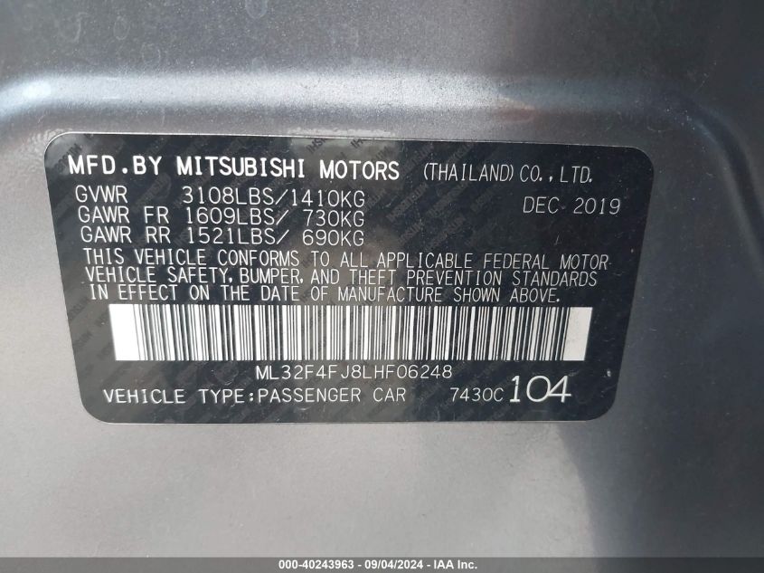 2020 Mitsubishi Mirage G4 Le VIN: ML32F4FJ8LHF06248 Lot: 40243963