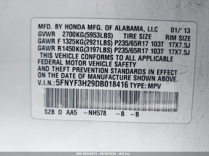 2013 Honda Pilot Lx VIN: 5FNYF3H29DB018416 Lot: 40243974