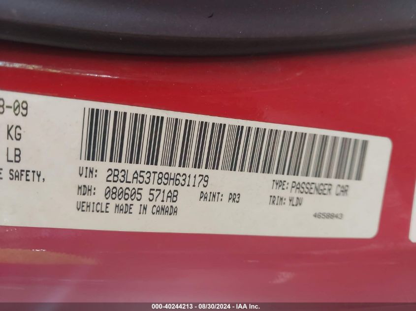 2009 Dodge Charger R/T VIN: 2B3LA53T89H631179 Lot: 40244213