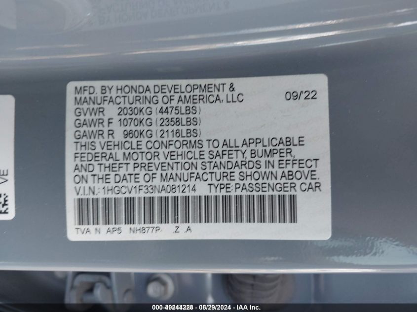 2022 Honda Accord Sport VIN: 1HGCV1F33NA081214 Lot: 40244228