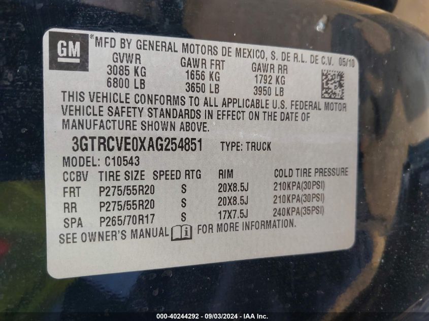 2010 GMC Sierra 1500 Sle VIN: 3GTRCVE0XAG254851 Lot: 40244292