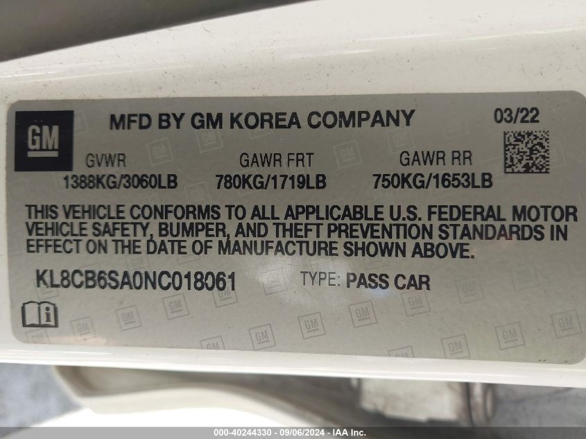 KL8CB6SA0NC018061 2022 Chevrolet Spark Fwd Ls Automatic