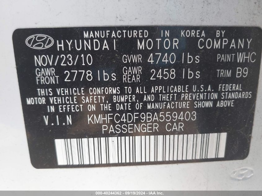 2011 Hyundai Azera Limited VIN: KMHFC4DF9BA559403 Lot: 40244362