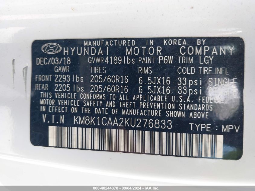 2019 HYUNDAI KONA SE - KM8K1CAA2KU276833