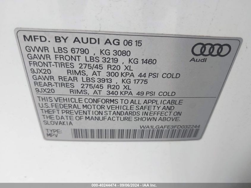 2015 Audi Q7 3.0T Premium VIN: WA1LGAFE3FD032244 Lot: 40244474