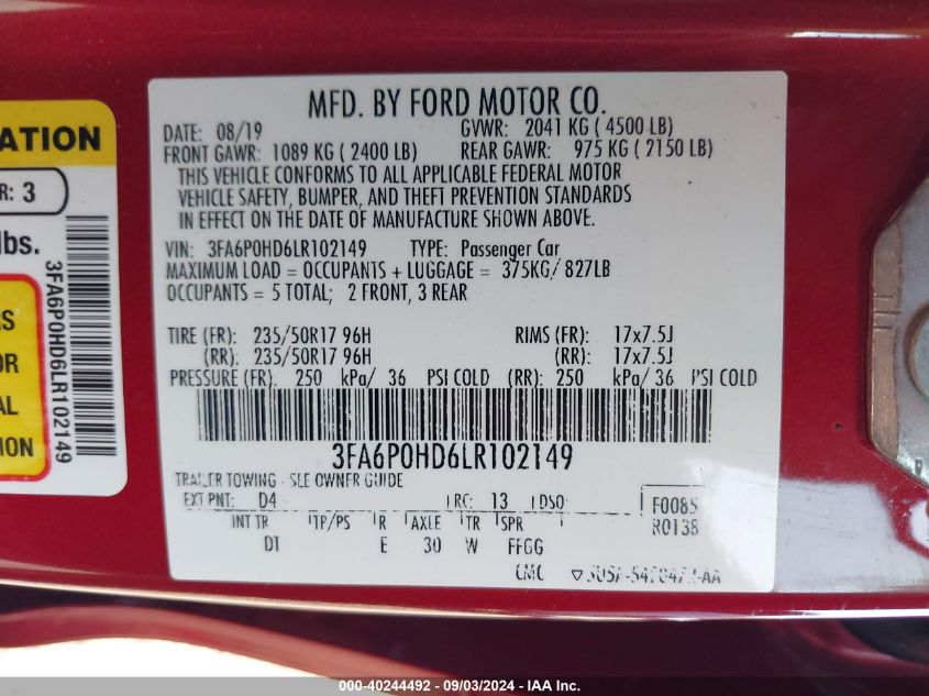 2020 Ford Fusion Se VIN: 3FA6P0HD6LR102149 Lot: 40244492