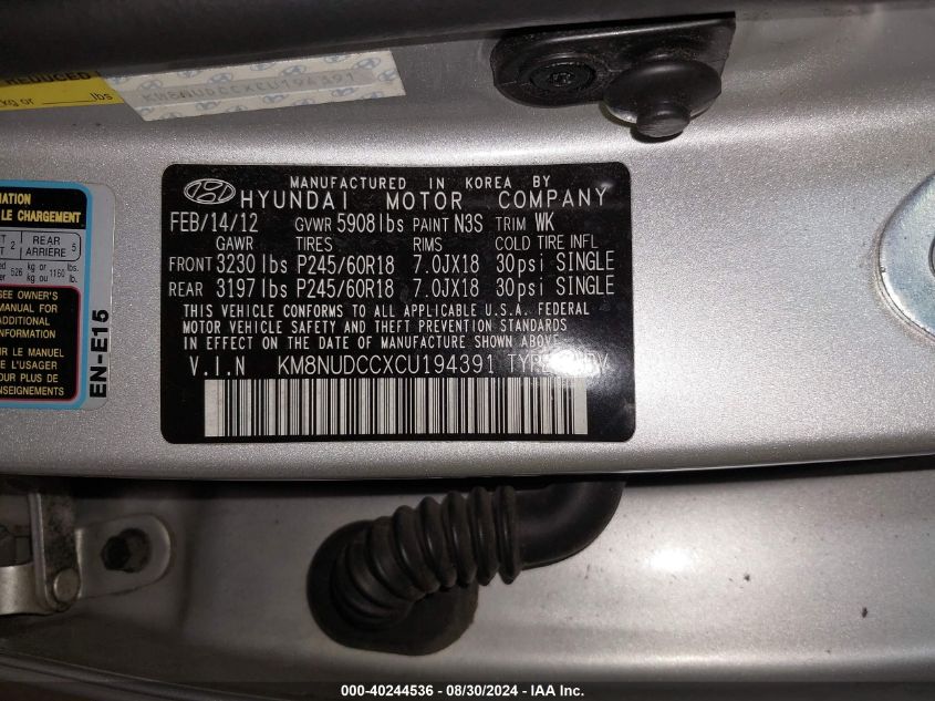 2012 Hyundai Veracruz Limited VIN: KM8NUDCCXCU194391 Lot: 40244536