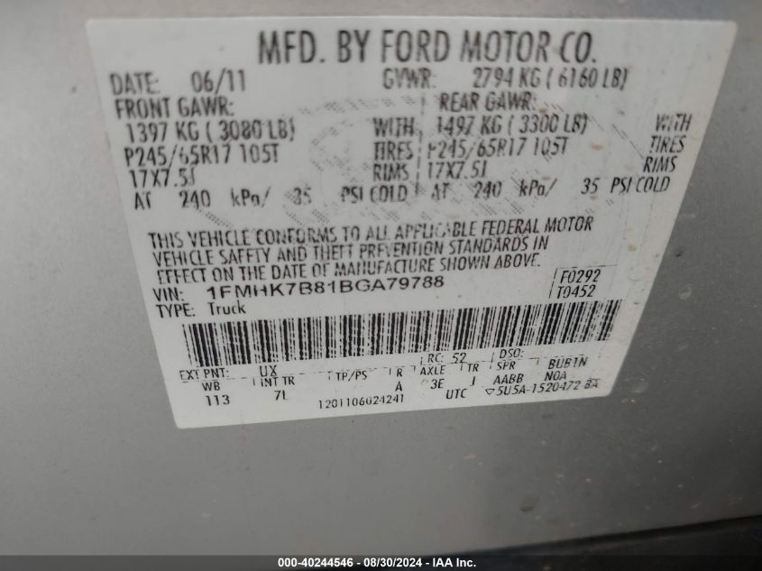 2011 Ford Explorer VIN: 1FMHK7B81BGA79788 Lot: 40244546