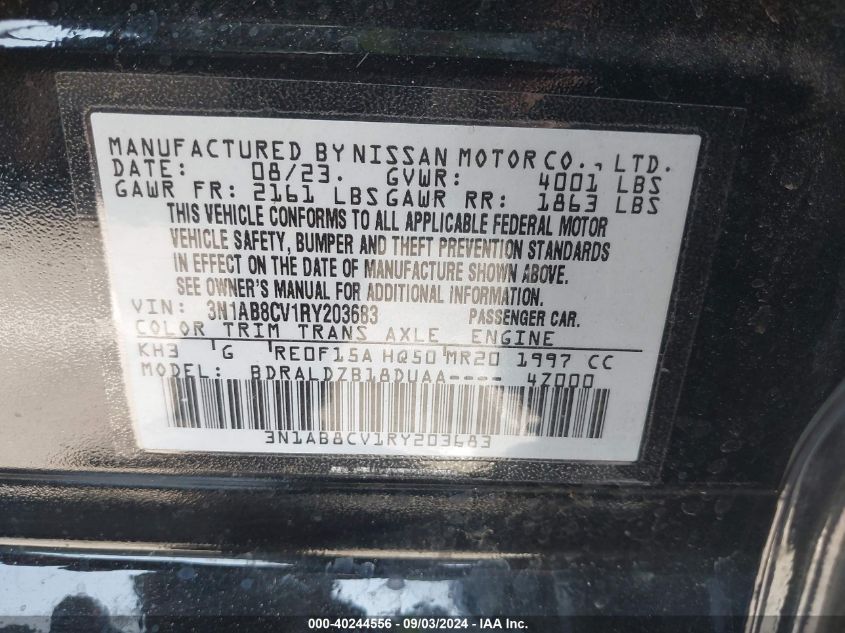 2024 Nissan Sentra Sv Xtronic Cvt VIN: 3N1AB8CV1RY203683 Lot: 40244556