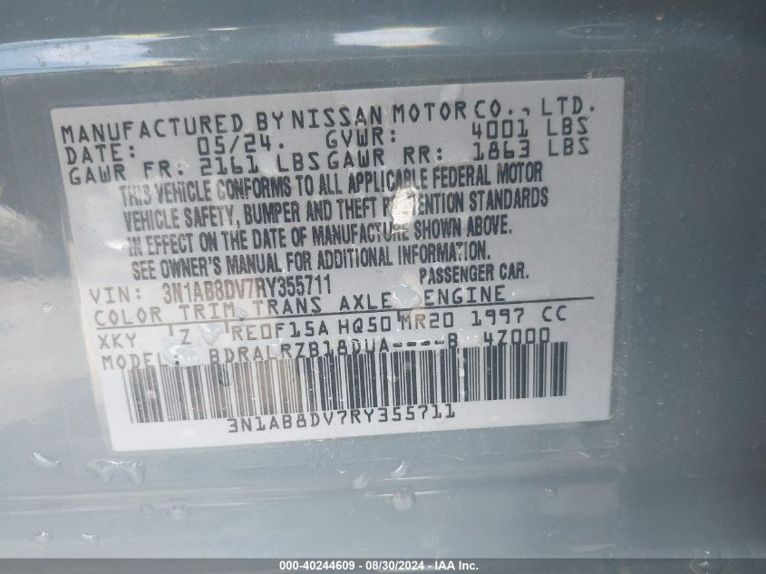 2024 Nissan Sentra Sr Xtronic Cvt VIN: 3N1AB8DV7RY355711 Lot: 40244609