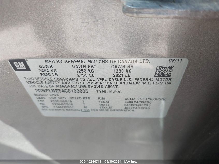 2GNFLNE54C6133835 2012 Chevrolet Equinox 2Lt