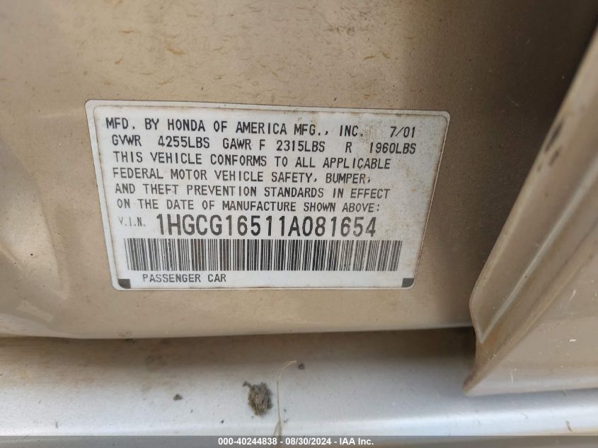 2001 Honda Accord 3.0 Ex VIN: 1HGCG16511A081654 Lot: 40244838