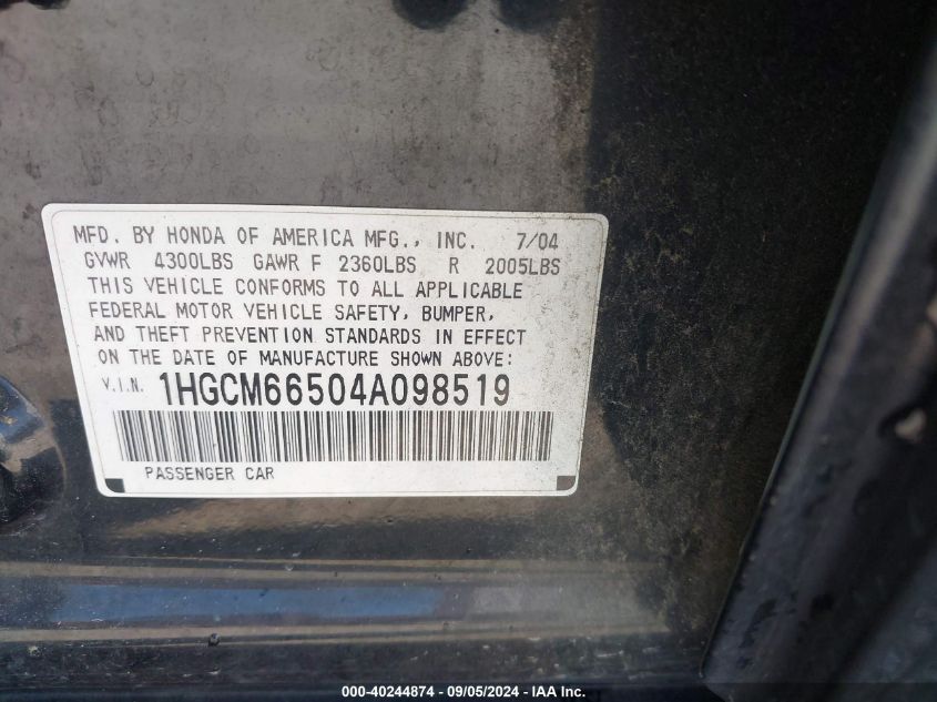 1HGCM66504A098519 2004 Honda Accord 3.0 Ex