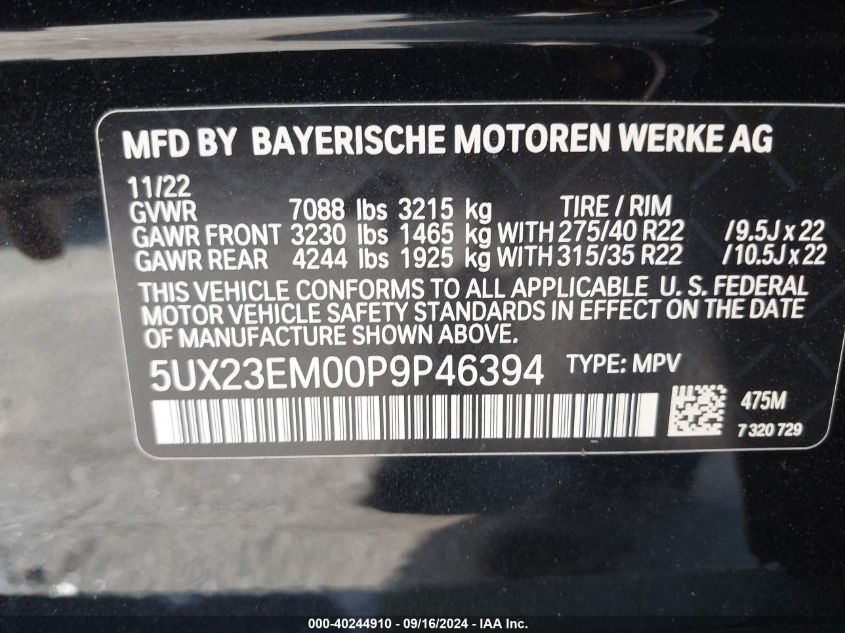 5UX23EM00P9P46394 2023 BMW X7 xDrive40I