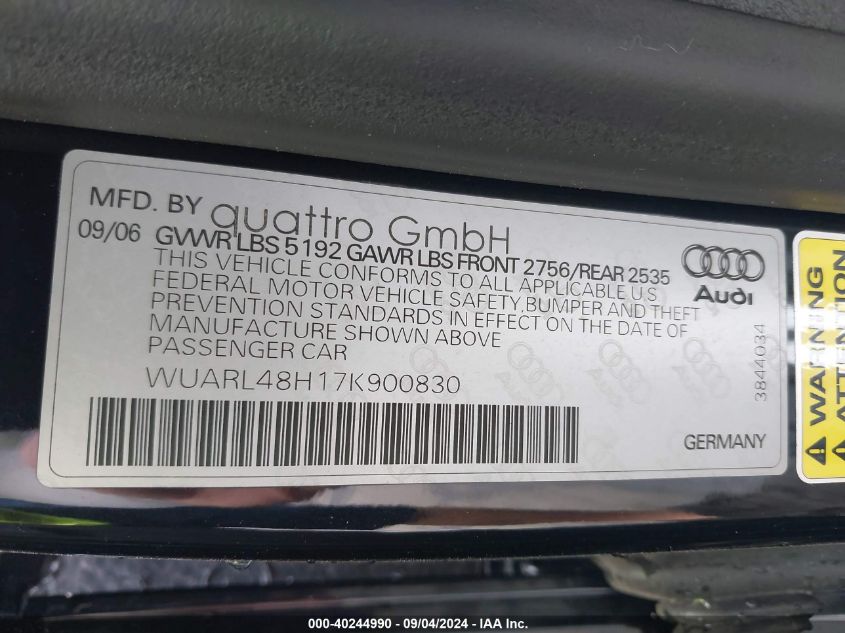 WUARL48H17K900830 2007 Audi S4