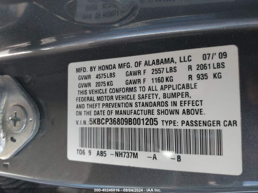 2009 Honda Accord 3.5 Ex-L VIN: 5KBCP36809B001205 Lot: 40245016