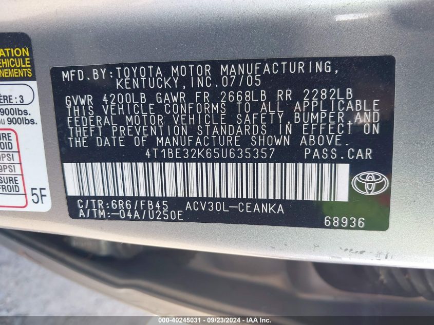 4T1BE32K65U635357 2005 Toyota Camry Le