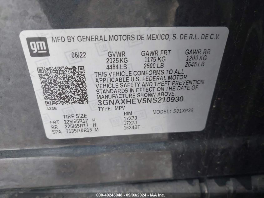 2022 Chevrolet Equinox Fwd Ls VIN: 3GNAXHEV5NS210930 Lot: 40245048