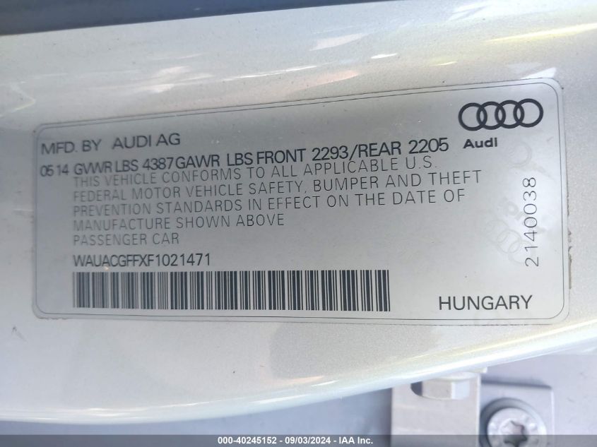 2015 Audi A3 1.8T Premium VIN: WAUACGFFXF1021471 Lot: 40245152