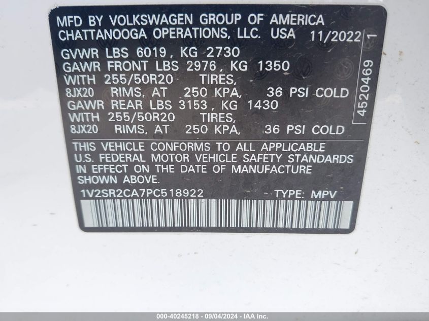 1V2SR2CA7PC518922 2023 Volkswagen Atlas Sel R-Line