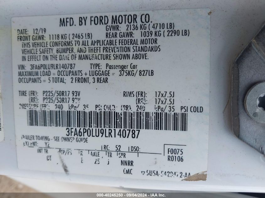 2020 Ford Fusion Hybrid Se VIN: 3FA6P0LU9LR140787 Lot: 40245250