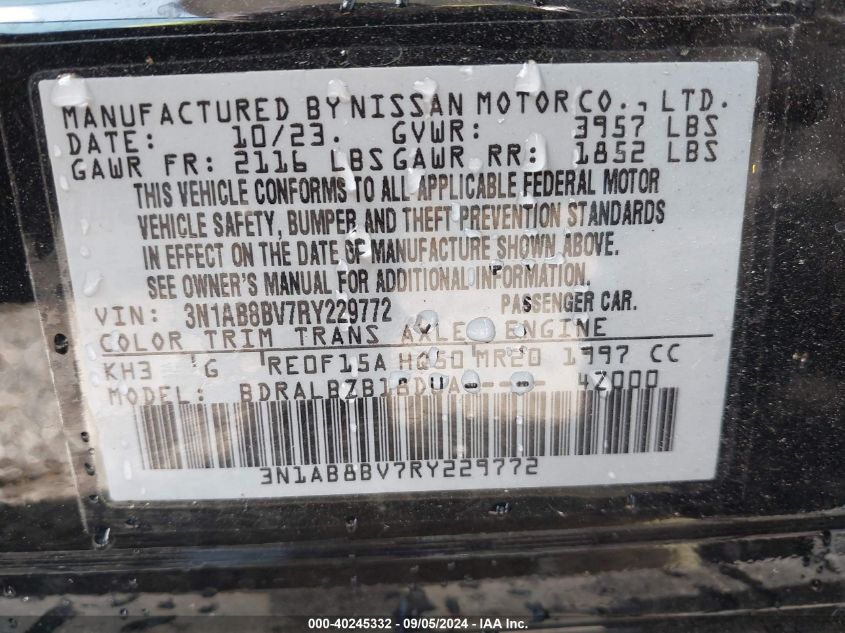 2024 Nissan Sentra S Xtronic Cvt VIN: 3N1AB8BV7RY229772 Lot: 40245332