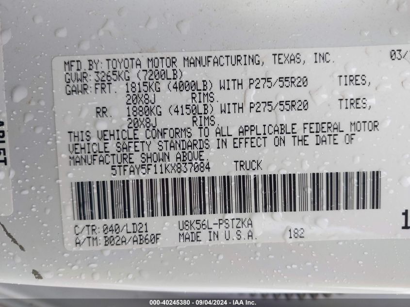 5TFAY5F11KX837084 2019 Toyota Tundra Crewmax 1794/Crewmax Plat