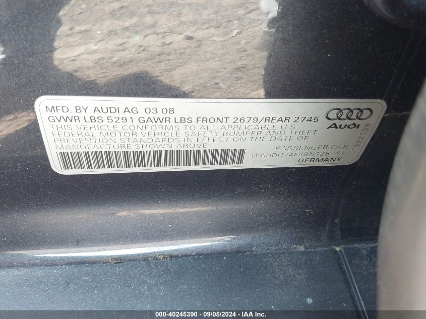 2008 Audi A6 3.2 VIN: WAUDH74F48N128741 Lot: 40245390