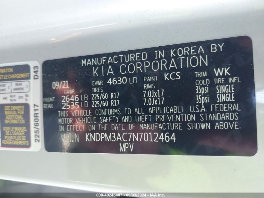 2022 Kia Sportage Lx VIN: KNDPM3AC7N7012464 Lot: 40245407