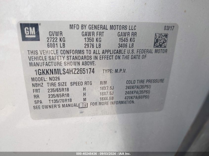 1GKKNMLS4HZ265174 2017 GMC Acadia Slt-1