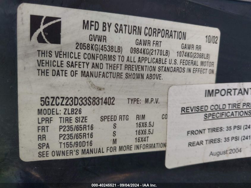 5GZCZ23D33S831402 2003 Saturn Vue 4 Cyl