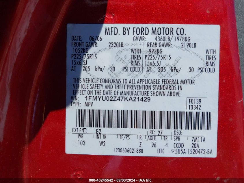 2007 Ford Escape Xls/Xls Manual VIN: 1FMYU02Z47KA21429 Lot: 40245542