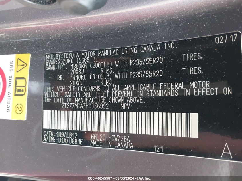 VIN 2T2ZZMCA7HC056992 2017 LEXUS RX 350