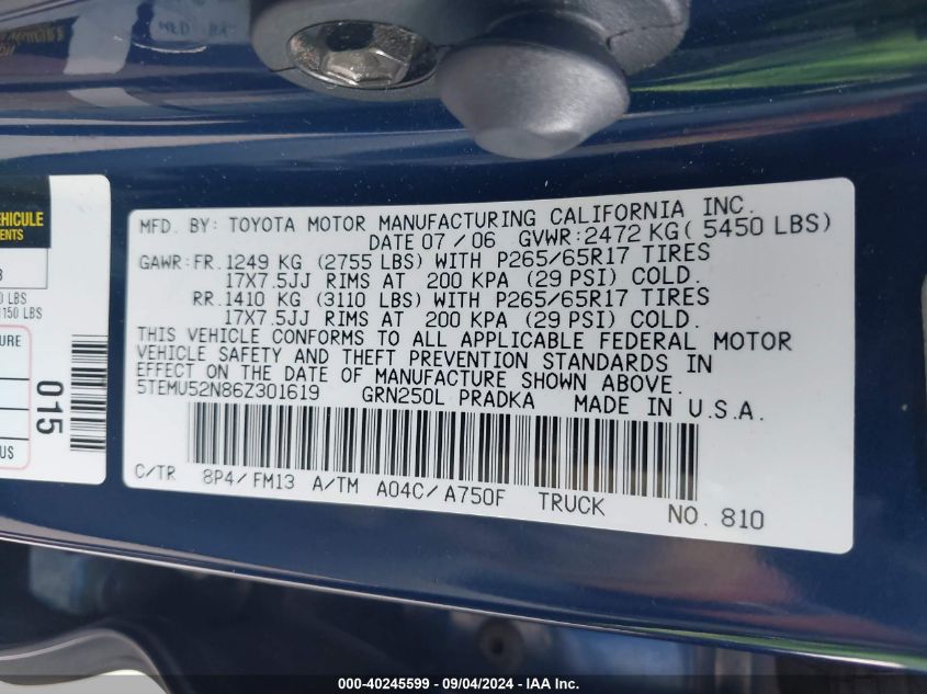 2006 Toyota Tacoma Base V6 VIN: 5TEMU52N86Z301619 Lot: 40245599