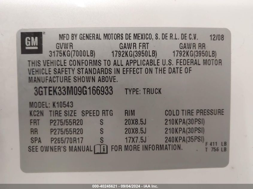 2009 GMC Sierra 1500 Slt VIN: 3GTEK33M09G166933 Lot: 40245621