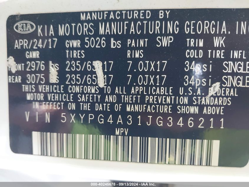 2018 KIA SORENTO 2.4L LX - 5XYPG4A31JG346211