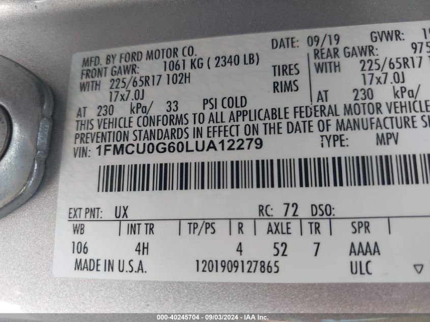 2020 Ford Escape Se VIN: 1FMCU0G60LUA12279 Lot: 40245704