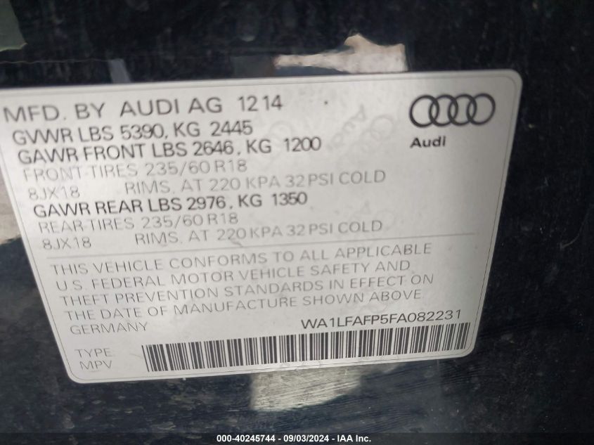 2015 Audi Q5 2.0T Premium VIN: WA1LFAFP5FA082231 Lot: 40245744