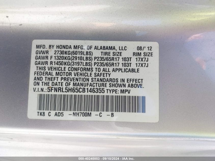 2012 Honda Odyssey Exl VIN: 5FNRL5H65CB146355 Lot: 40245853