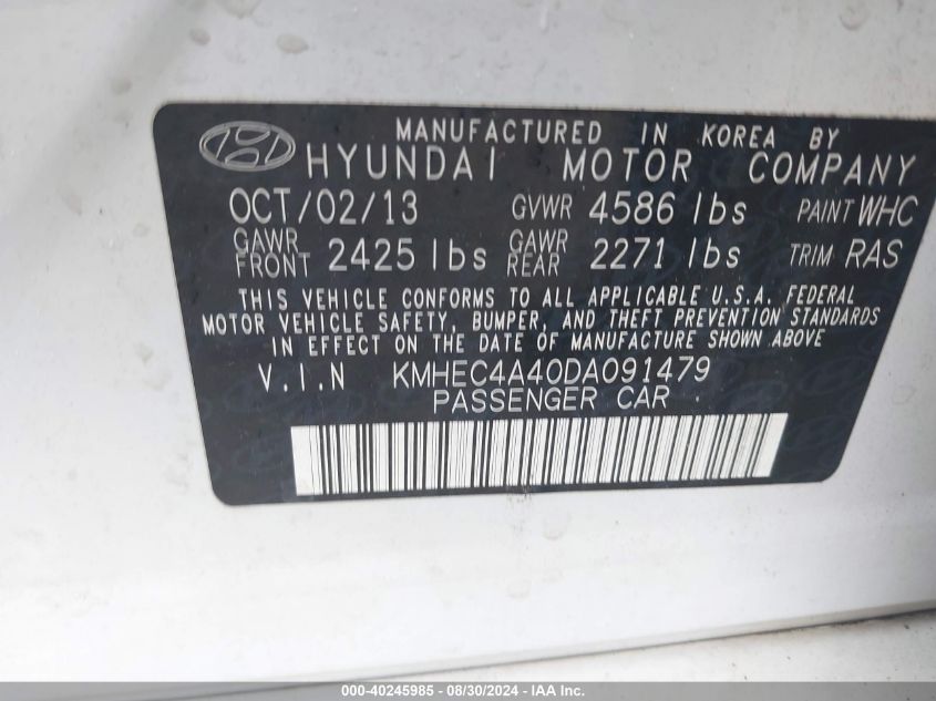 2013 Hyundai Sonata Hybrid VIN: KMHEC4A40DA091479 Lot: 40245985