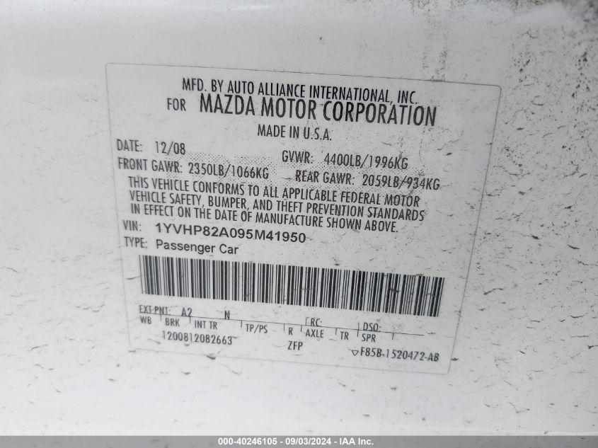 1YVHP82A095M41950 2009 Mazda Mazda6 I Grand Touring/I Touring